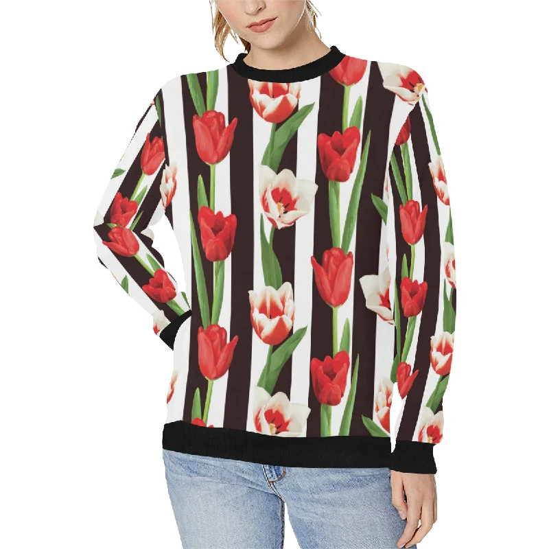 red and white tulips pattern Women's Crew Neck Sweatshirt