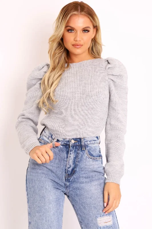 Grey Chunky Knit Puff Sleeve Jumper - Hannahmae