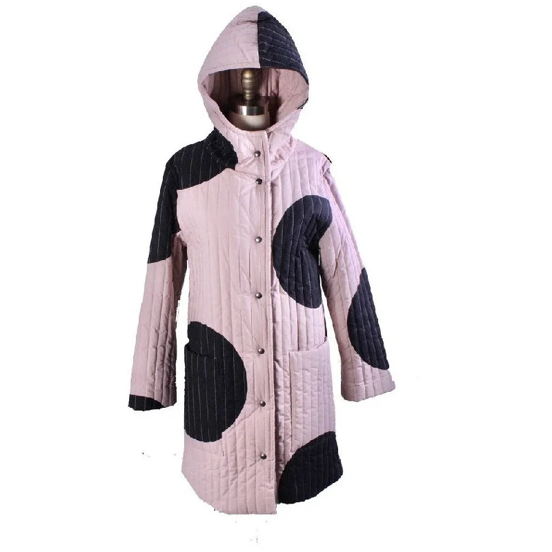 Vintage Vuokko Huge Polka Dot Cotton Quilted Womens Hooded Coat Snap Front Mod XS/S