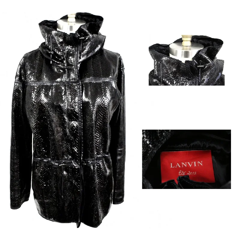 Vintage Lanvin Snakeskin Exotic Leather Hooded Parka Coat Womens S