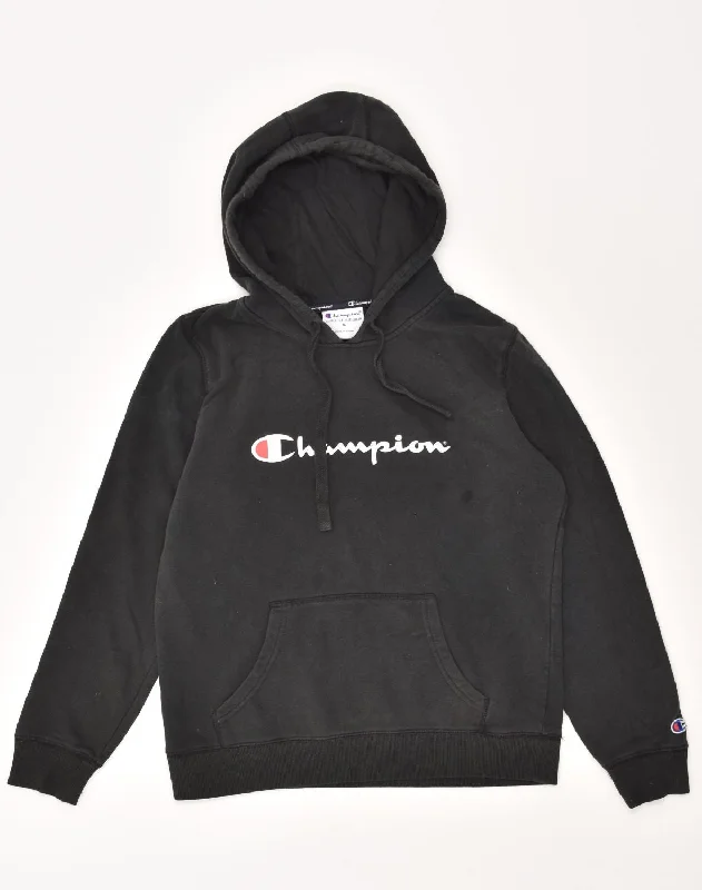 CHAMPION Womens Graphic Hoodie Jumper UK 14 Medium Black Cotton