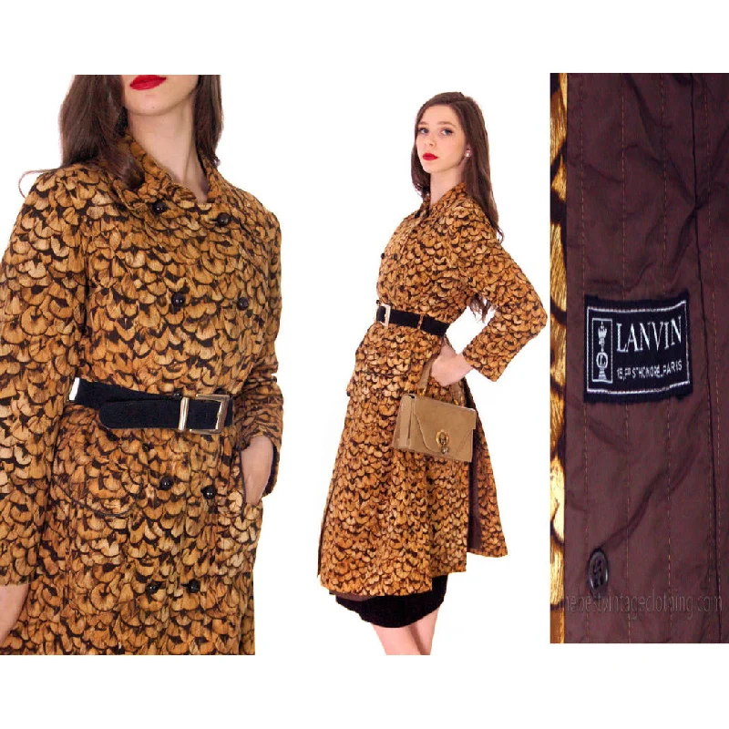 Jeanne Lanvin Paris Vintage RARE 1960s Pheasant Feather Print Trench Coat Cotton Canvas M