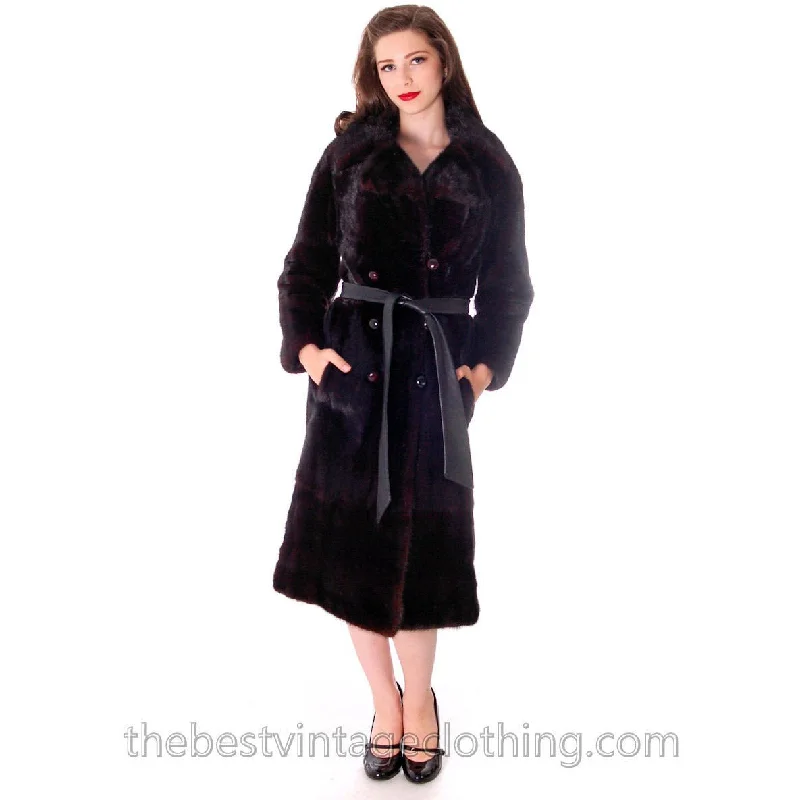 Womens  FUR Coat Black Ranch Mink Trench Coat Zip Off Bottom Makes Stole 1970s