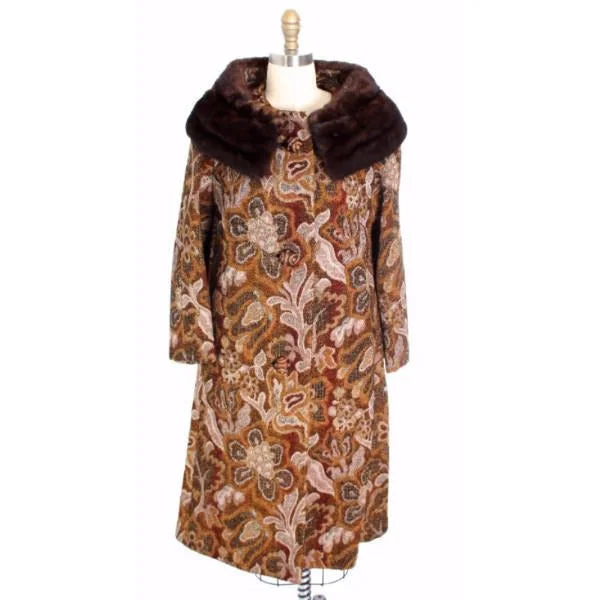 VTG NWT 1960-70s Golet Tapestry Womens Coat Classic Fit Natural Mink Collar Browns S Up To 14