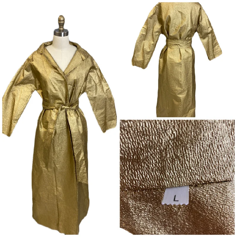 Vintage Metallic Gold Textured Mod Paper Trench Coat Wrap Never worn 1970s L